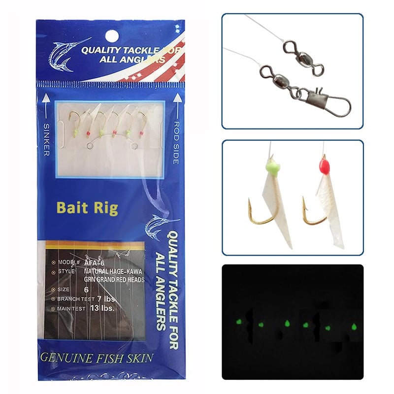 JSHANMEI Fishing Bait Rigs Set 15 Packs String Hooks Glow Lure Rig Saltwater Surf Fishing Rigs with Real Fish Skin, Sharp Hooks Swivels for Mackeral Herring Baitfish, Type A 8# - Image 3